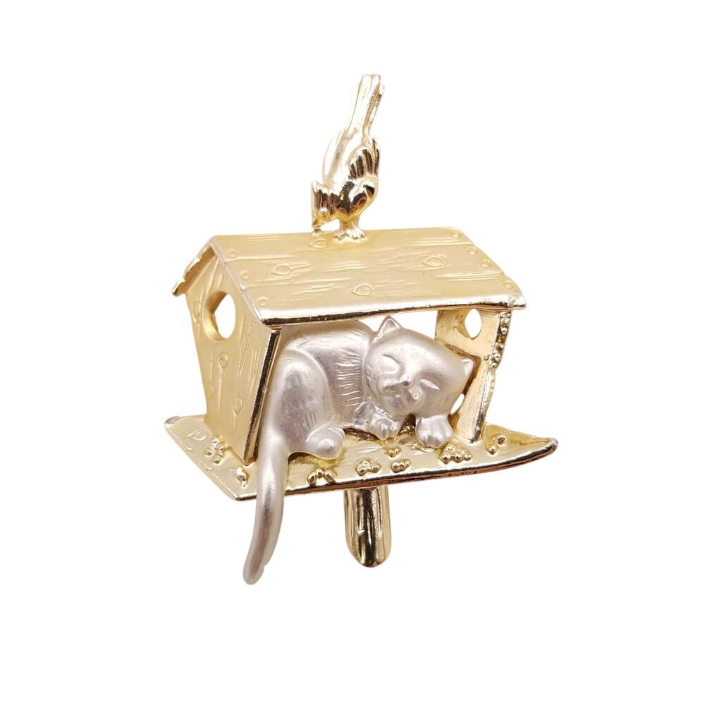 Vintage AJC Brooch Cat In Birdhouse Two Tone Matte Shiny Whimsical Figural